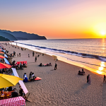 **Seaside Serenity**: Create an image of a serene beach scene at Sunyodo, with gentle waves lapping at the shore, people enjoying picnics under colorful umbrellas, and a picturesque sunset in the background.