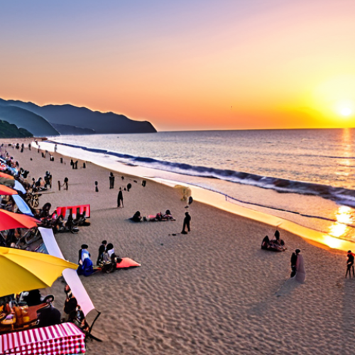 Home 13 **Seaside Serenity**: Create an image of a serene beach scene at Sunyodo, with gentle waves lapping at the shore, people enjoying picnics under colorful umbrellas, and a picturesque sunset in the background.
