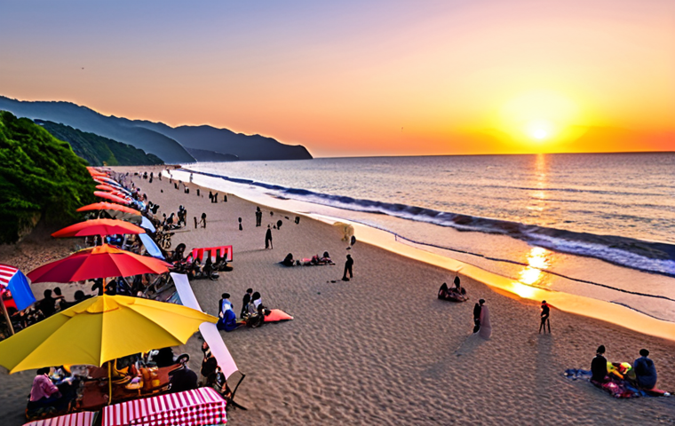 **Seaside Serenity**: Create an image of a serene beach scene at Sunyodo, with gentle waves lapping at the shore, people enjoying picnics under colorful umbrellas, and a picturesque sunset in the background.