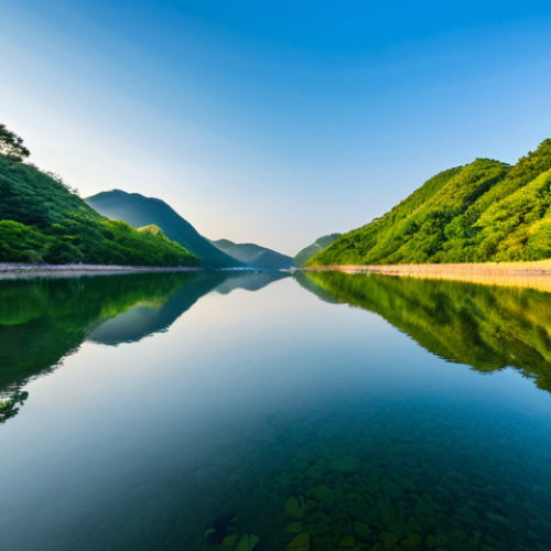 Home 8 A serene and tranquil wide-angle view of Dumulmeori in Yangpyeong, South Korea, capturing the majestic confluence of the Bukhangang and Namhangang rivers. The calm, reflective water is bathed in the gentle golden light of early morning, surrounded by lush, vibrant green trees and a clear sky. A sense of deep natural harmony and peace permeates the scene. Professional landscape photography, high quality, vibrant colors, breathtaking scenery, safe for work, appropriate content, fully clothed, family-friendly.