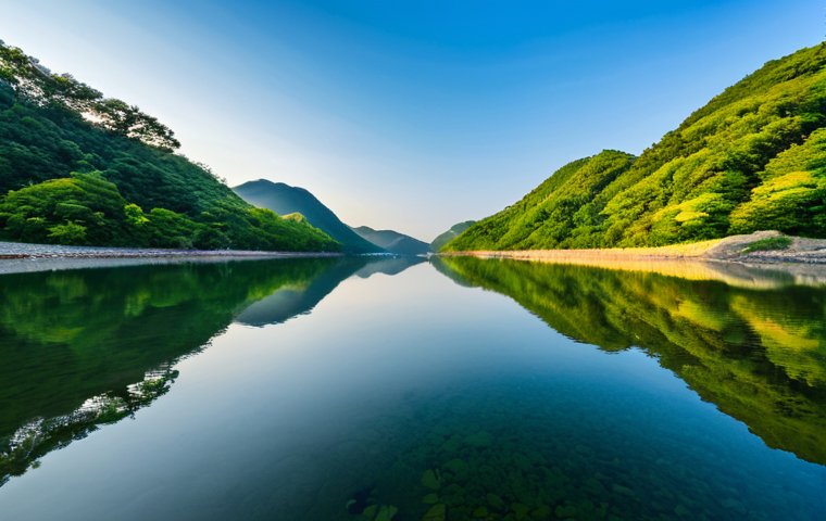 A serene and tranquil wide-angle view of Dumulmeori in Yangpyeong, South Korea, capturing the majestic confluence of the Bukhangang and Namhangang rivers. The calm, reflective water is bathed in the gentle golden light of early morning, surrounded by lush, vibrant green trees and a clear sky. A sense of deep natural harmony and peace permeates the scene. Professional landscape photography, high quality, vibrant colors, breathtaking scenery, safe for work, appropriate content, fully clothed, family-friendly.