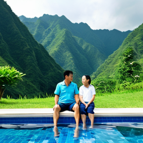 Home 25 Serene Private Pool**
"A family enjoying a private pool at a Gapyong pension, fully clothed, appropriate attire. Lush green mountains in the background. Safe for work, perfect anatomy, natural proportions, family-friendly, professional photography, high quality."
**