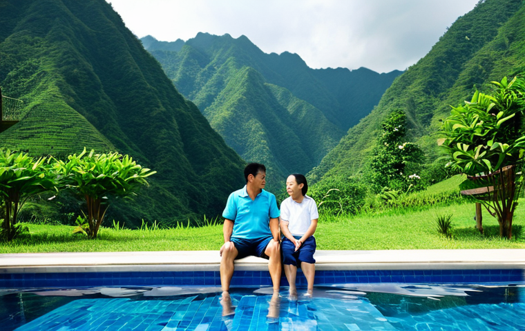 Serene Private Pool**
"A family enjoying a private pool at a Gapyong pension, fully clothed, appropriate attire. Lush green mountains in the background. Safe for work, perfect anatomy, natural proportions, family-friendly, professional photography, high quality."
**