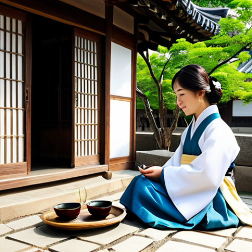Home 24 Traditional Hanok Experience**
"A serene scene within Jeonju Hanok Village, South Korea. A woman in modest, traditional Korean attire (hanbok) enjoys tea in a hanok courtyard. Wooden architecture, tiled roofs, lush greenery. Focus on tranquility and cultural immersion. Safe for work, appropriate content, fully clothed, professional photography, perfect anatomy, natural proportions."
**