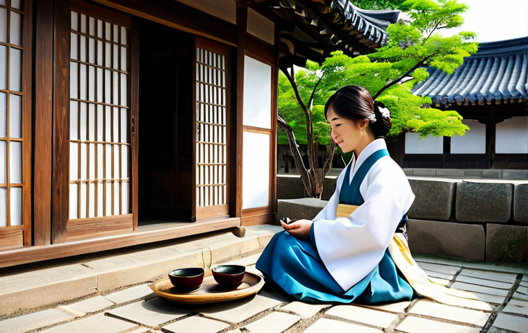 Traditional Hanok Experience**
"A serene scene within Jeonju Hanok Village, South Korea. A woman in modest, traditional Korean attire (hanbok) enjoys tea in a hanok courtyard. Wooden architecture, tiled roofs, lush greenery. Focus on tranquility and cultural immersion. Safe for work, appropriate content, fully clothed, professional photography, perfect anatomy, natural proportions."
**