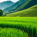 "Lush green barley fields of Kochang under a bright morning sun, fully clothed travelers admiring the landscape, safe for work, appropriate content, perfect anatomy, natural proportions, professional landscape photography, high quality, family-friendly"
