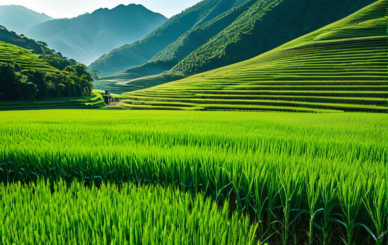 "Lush green barley fields of Kochang under a bright morning sun, fully clothed travelers admiring the landscape, safe for work, appropriate content, perfect anatomy, natural proportions, professional landscape photography, high quality, family-friendly"
