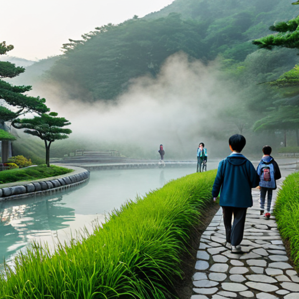 대전 유성온천 힐링 - A serene scene of Yuseong Hot Spring Park at dawn. A fully clothed family is walking along a stone p...