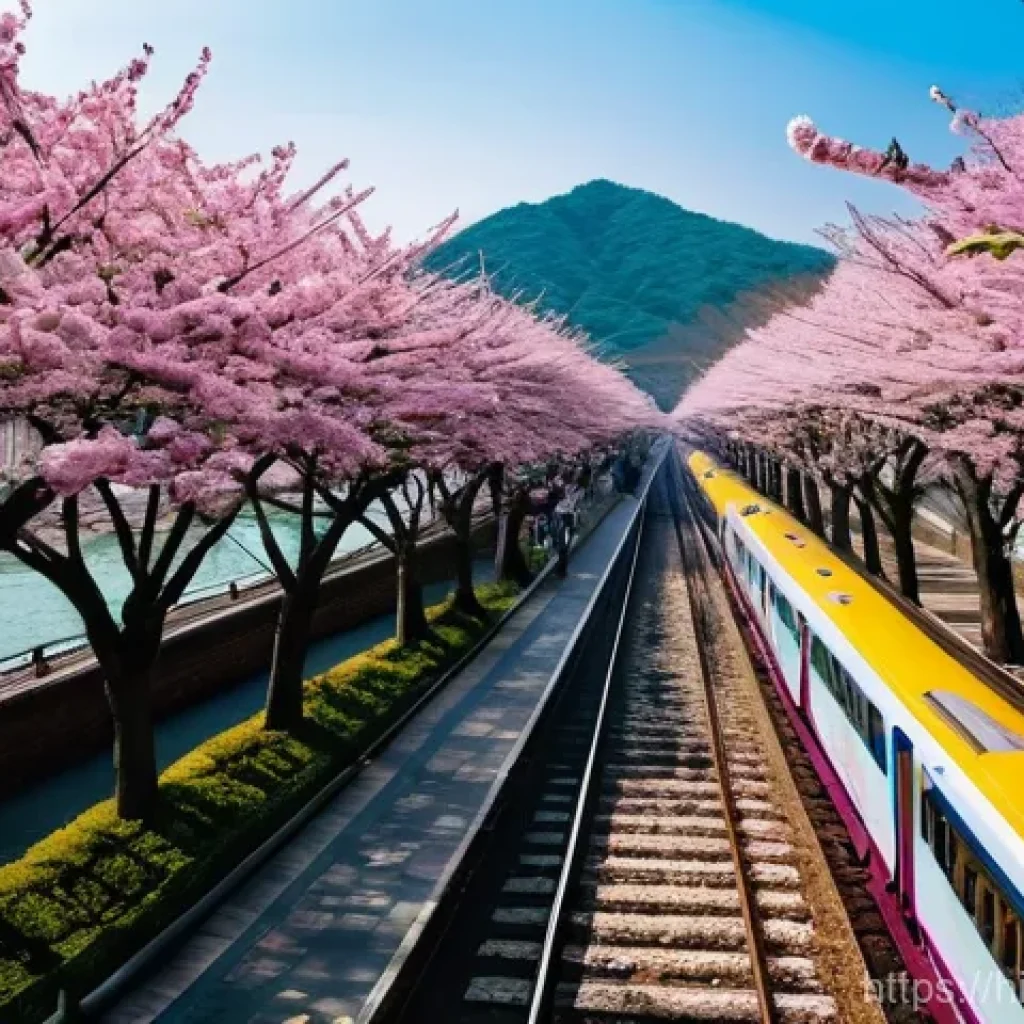 경남 창원 진해 군항제 - **Prompt 1: Gyeonghwa Station - Pink Cherry Blossom Tunnel**
    A wide-angle, high-resolution photo...