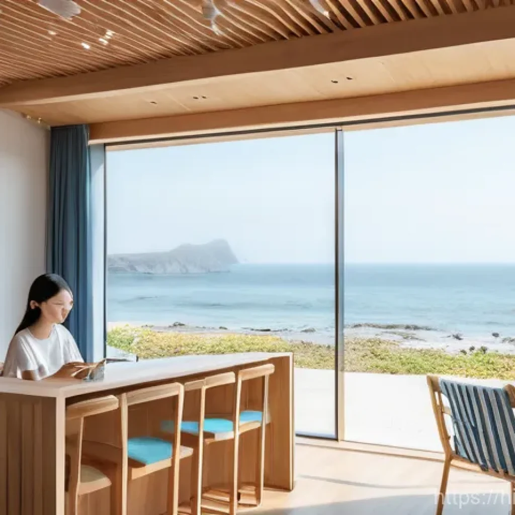 제주도 카페 투어 - **Jeju Seaside Serenity Cafe**
    A wide shot of a person, casually dressed in modest light summer ...