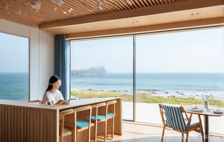제주도 카페 투어 - **Jeju Seaside Serenity Cafe**
    A wide shot of a person, casually dressed in modest light summer ...