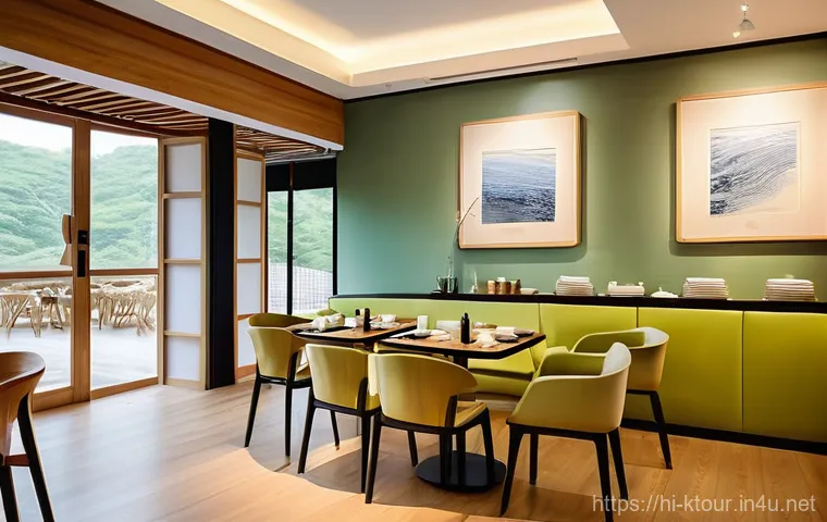 제주도 카페 투어 - **Jeju Orange Orchard Escape Cafe**
    A cozy, inviting interior shot of a person, dressed modestly...