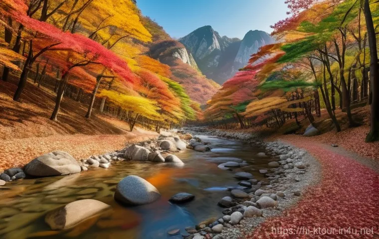 설악산 단풍 여행 - Prompt 1: Serene Autumn Trek in Biseonde Valley**