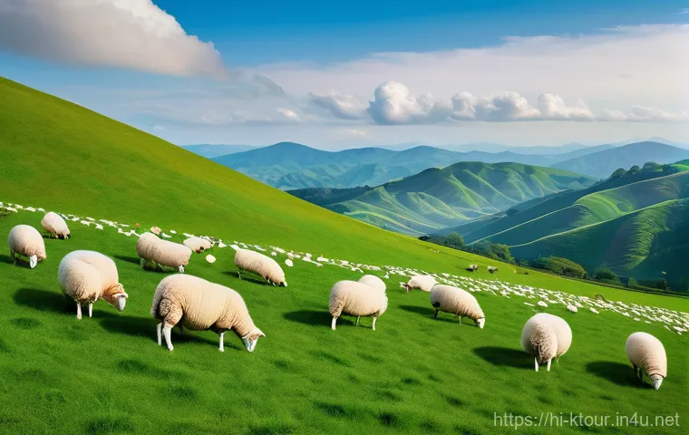 평창 대관령 양떼목장 - **Prompt 1: Peaceful Grazing Sheep on Green Hills**
    "A vast, panoramic landscape of the Daegwall...
