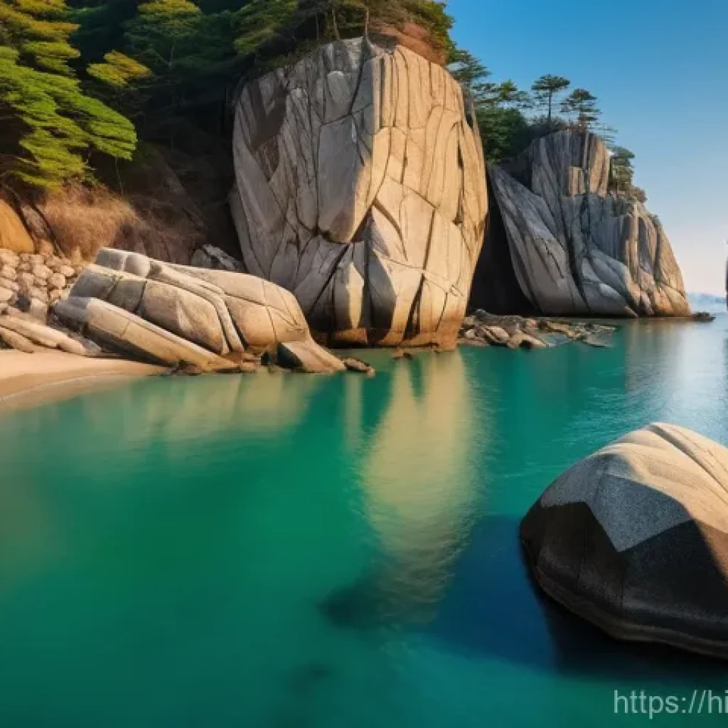 목포 갓바위 풍경 - **Prompt:** A majestic, wide-angle shot of the unique "Priest and Child Rocks" (Gatbawi Rocks) in Mo...