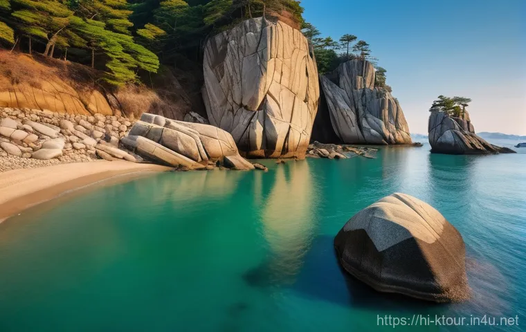 목포 갓바위 풍경 - **Prompt:** A majestic, wide-angle shot of the unique "Priest and Child Rocks" (Gatbawi Rocks) in Mo...