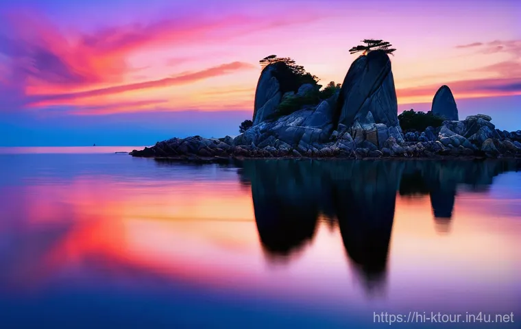 목포 갓바위 풍경 - **Prompt:** A majestic, wide-angle shot of the unique "Priest and Child Rocks" (Gatbawi Rocks) in Mo...