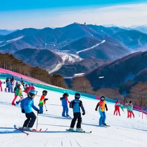 평창 동계올림픽 유산 탐방 - **A dynamic, panoramic view of PyeongChang, South Korea, showcasing its transformation into a vibran...