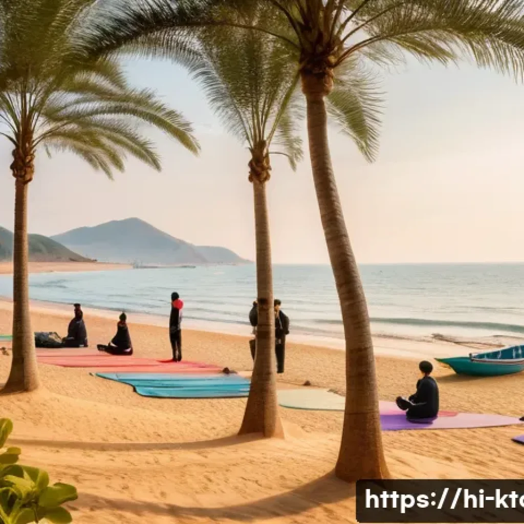 부산 해운대 여행 - A serene early morning scene at Haeundae beach in South Korea, with soft golden sunlight casting lon...
