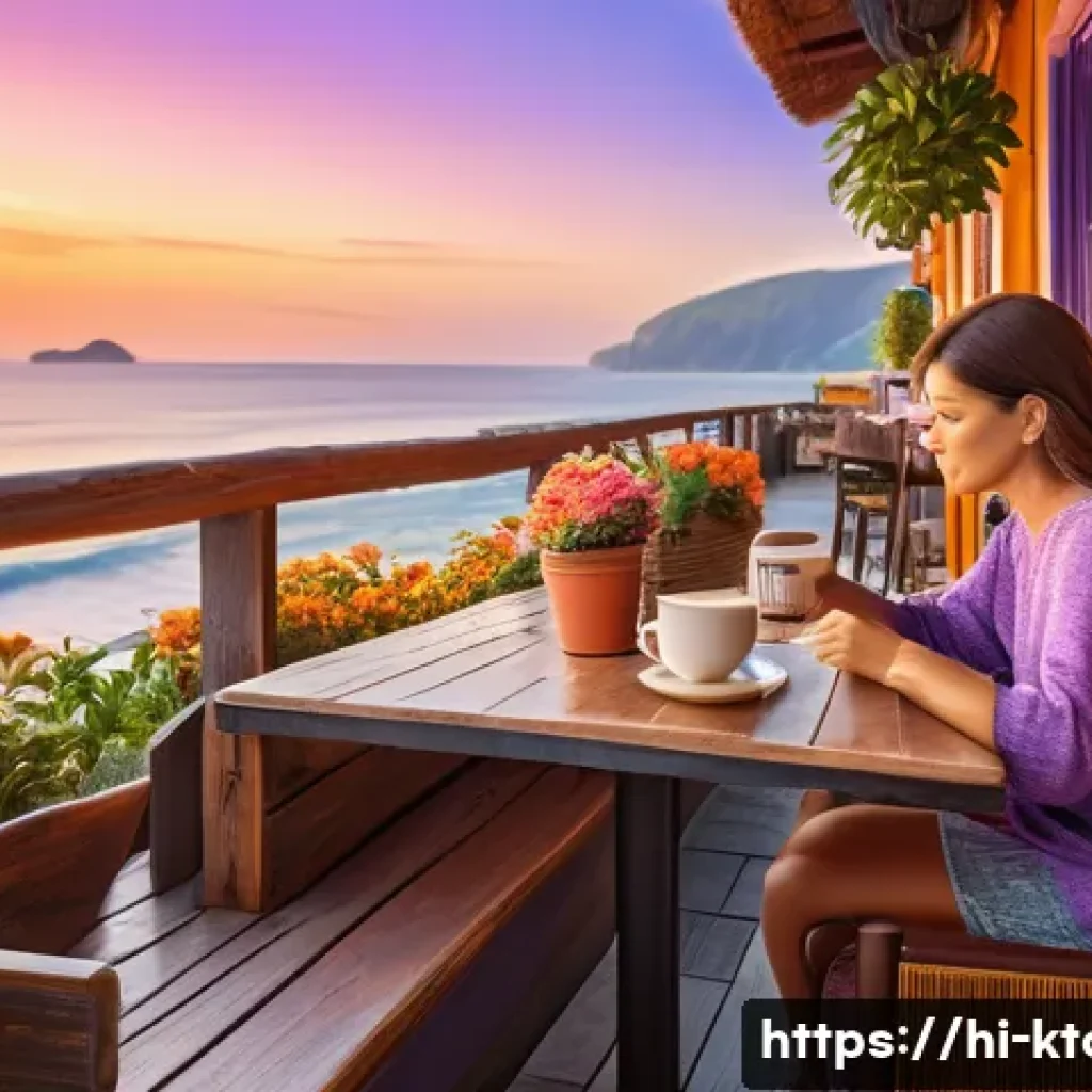 강릉 안목해변 카페거리 - A serene seaside café scene at sunset, featuring a cozy open-air seating area with rustic wooden fur...