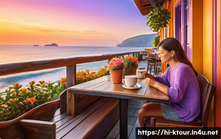 강릉 안목해변 카페거리 - A serene seaside café scene at sunset, featuring a cozy open-air seating area with rustic wooden fur...