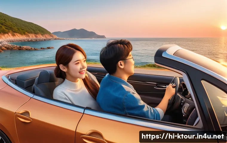 강릉 경포대 드라이브 - A scenic coastal road near Gyeongpodae at sunset, featuring a sleek car driving with windows down, f...