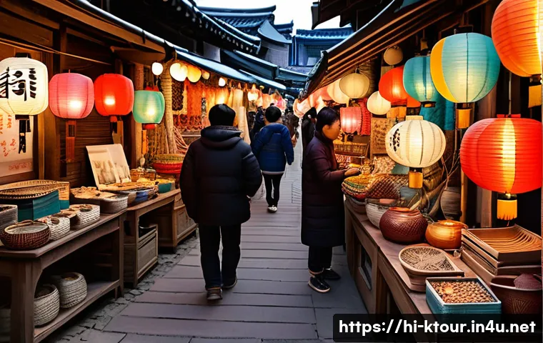 서울 남대문시장 쇼핑 - A vibrant scene inside Namdaemun Market showcasing a variety of traditional Korean handicrafts, incl...