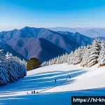 Home 21 무주 리조트 스키 정보 - A serene winter landscape at Muju Resort with soft, pristine snow covering gentle ski trails, surrou...