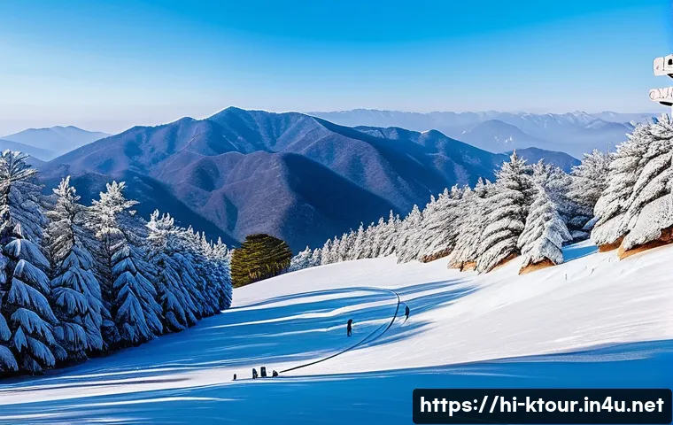 무주 리조트 스키 정보 - A serene winter landscape at Muju Resort with soft, pristine snow covering gentle ski trails, surrou...