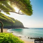 Home 19 제주 협재해수욕장 - A serene hidden beach on Jeju Island at sunrise, featuring crystal-clear blue water with vibrant mar...
