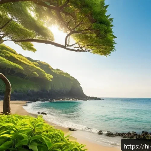 Home 31 제주 협재해수욕장 - A serene hidden beach on Jeju Island at sunrise, featuring crystal-clear blue water with vibrant mar...