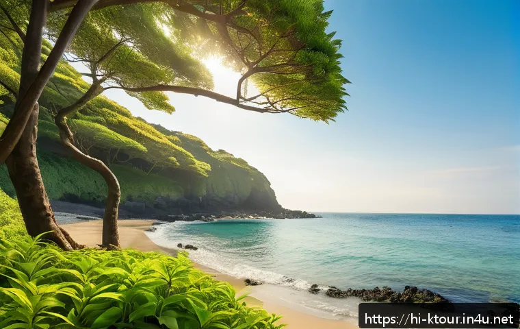 제주 협재해수욕장 - A serene hidden beach on Jeju Island at sunrise, featuring crystal-clear blue water with vibrant mar...