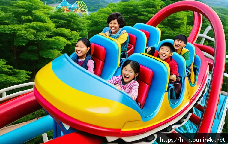 대구 이월드 놀이공원 - A vibrant scene of Daegu E-World amusement park in bright daylight, featuring the thrilling "Sky Roc...