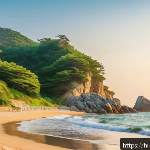 Home 17 부산 송정 해수욕장 - A serene early morning scene at Basan Songjeong beach in South Korea, with gentle turquoise ocean wa...