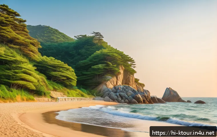 부산 송정 해수욕장 - A serene early morning scene at Basan Songjeong beach in South Korea, with gentle turquoise ocean wa...