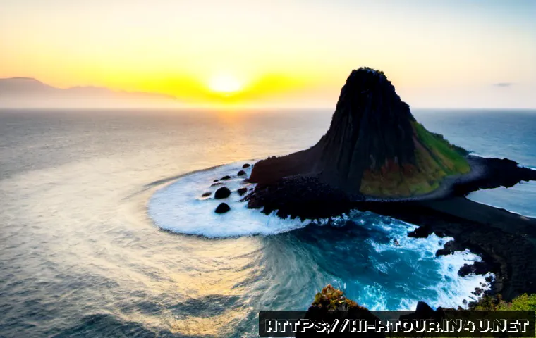Home 17 제주 용두암 풍경 - Photorealistic sunrise at Yongduam Dragon Head Rock on Jeju Island, dramatic volcanic basalt formati...
